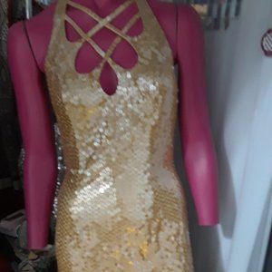 Vintage  Date dress. Della Roufogali  sequin dress in dusty gold.  **Aged issues